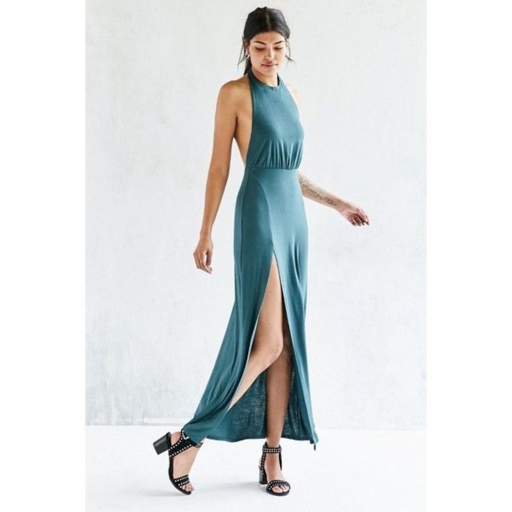 Green halter maxi dress with low back & leg slit
